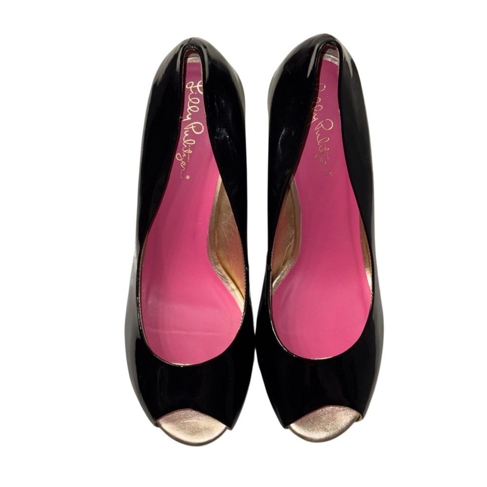Lilly Pulitzer Black and Gold Peep Toe Heels size 8
